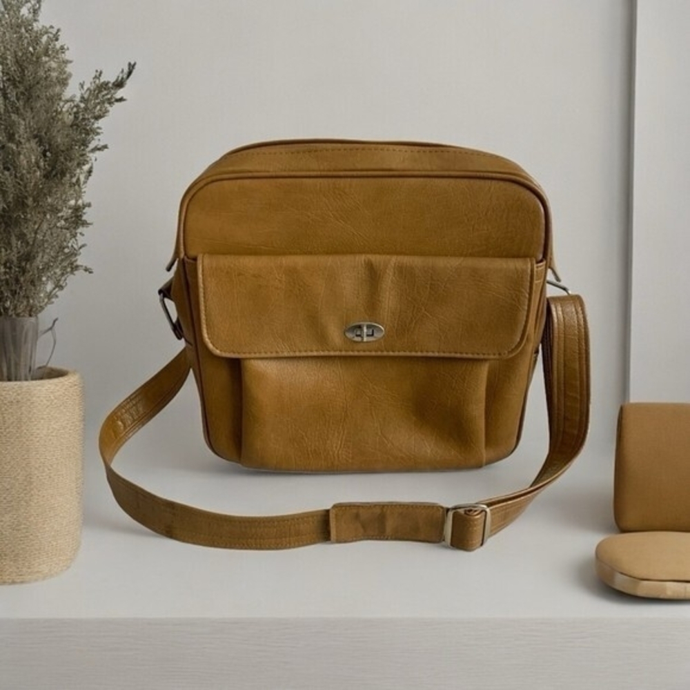 Vintage Samsonite Tan Vinyl Carry-On Messenger Travel Bag Good